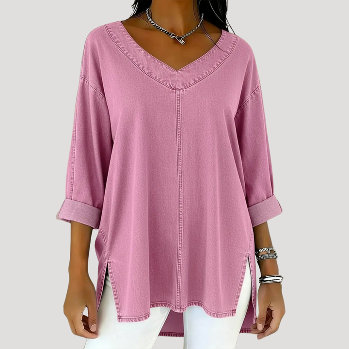 Magnolia | Women's V-Neck Relaxed Tunic Top - Blue - Image 5