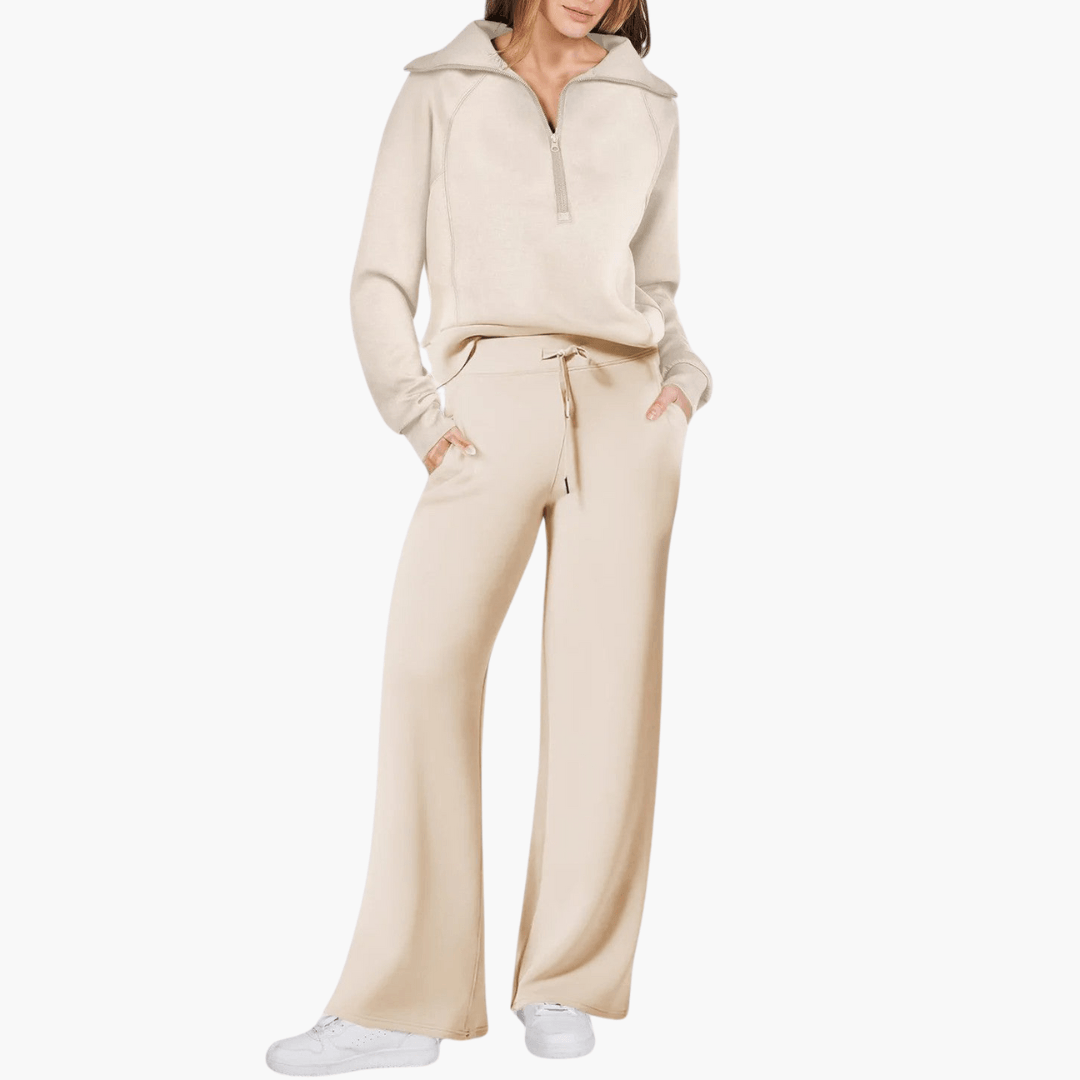 Magnolia | Women's Zip Up Hoodie Wide Leg Lounge Set - Beige - Image 1