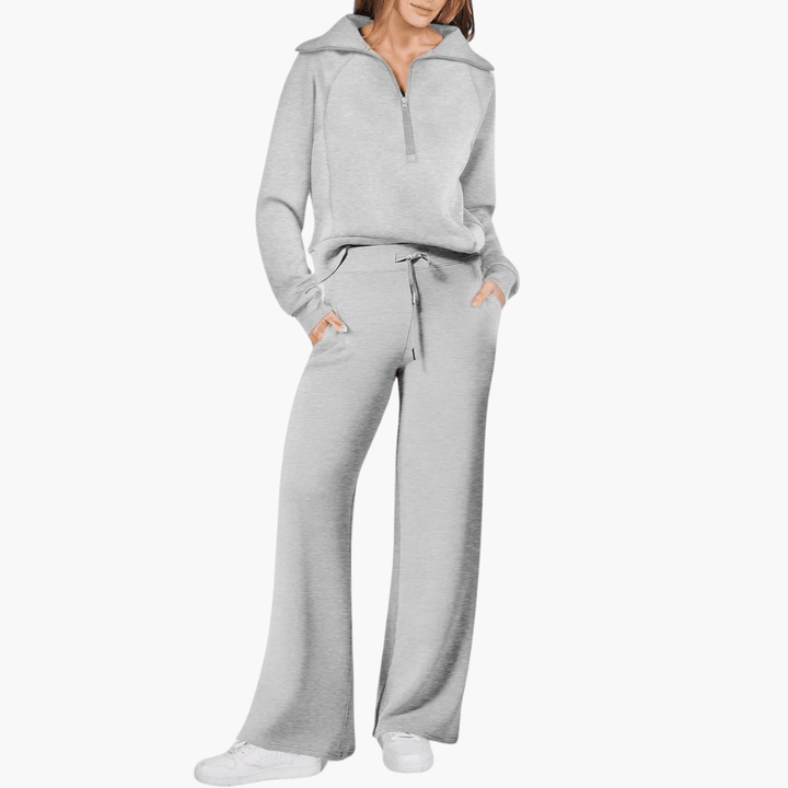 Magnolia | Women's Zip Up Hoodie Wide Leg Lounge Set - Beige - Image 2