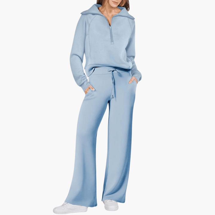 Magnolia | Women's Zip Up Hoodie Wide Leg Lounge Set - Beige - Image 3