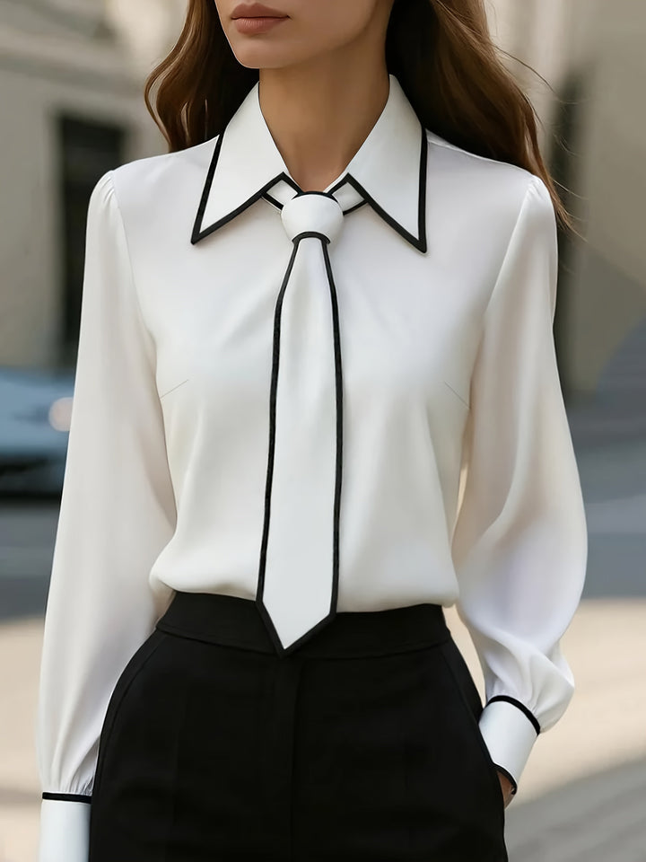 Vivian | Women's Long Sleeve Tie Neck Blouse Contrast Collar