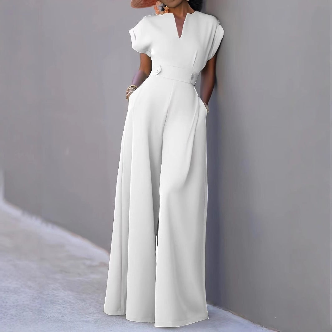 Marcela | Women's V-Neck Wide Leg Jumpsuit with Pockets - White - Image 1