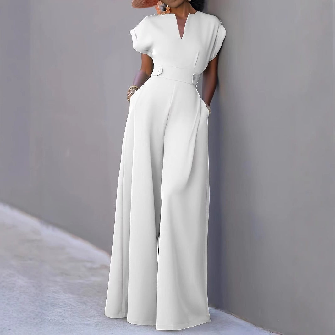 Marcela | Women's V-Neck Wide Leg Jumpsuit with Pockets - White - Image 2