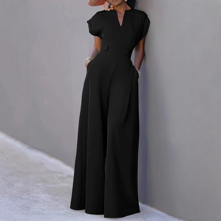 Marcela | Women's V-Neck Wide Leg Jumpsuit with Pockets - White - Image 3