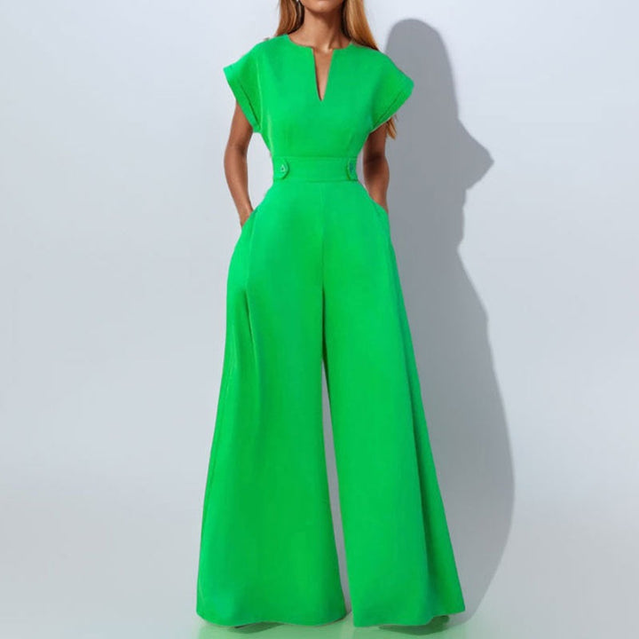 Marcela | Women's V-Neck Wide Leg Jumpsuit with Pockets - White - Image 4