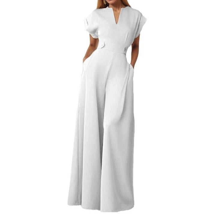 Marcela | Women's V-Neck Wide Leg Jumpsuit with Pockets - White - Image 5