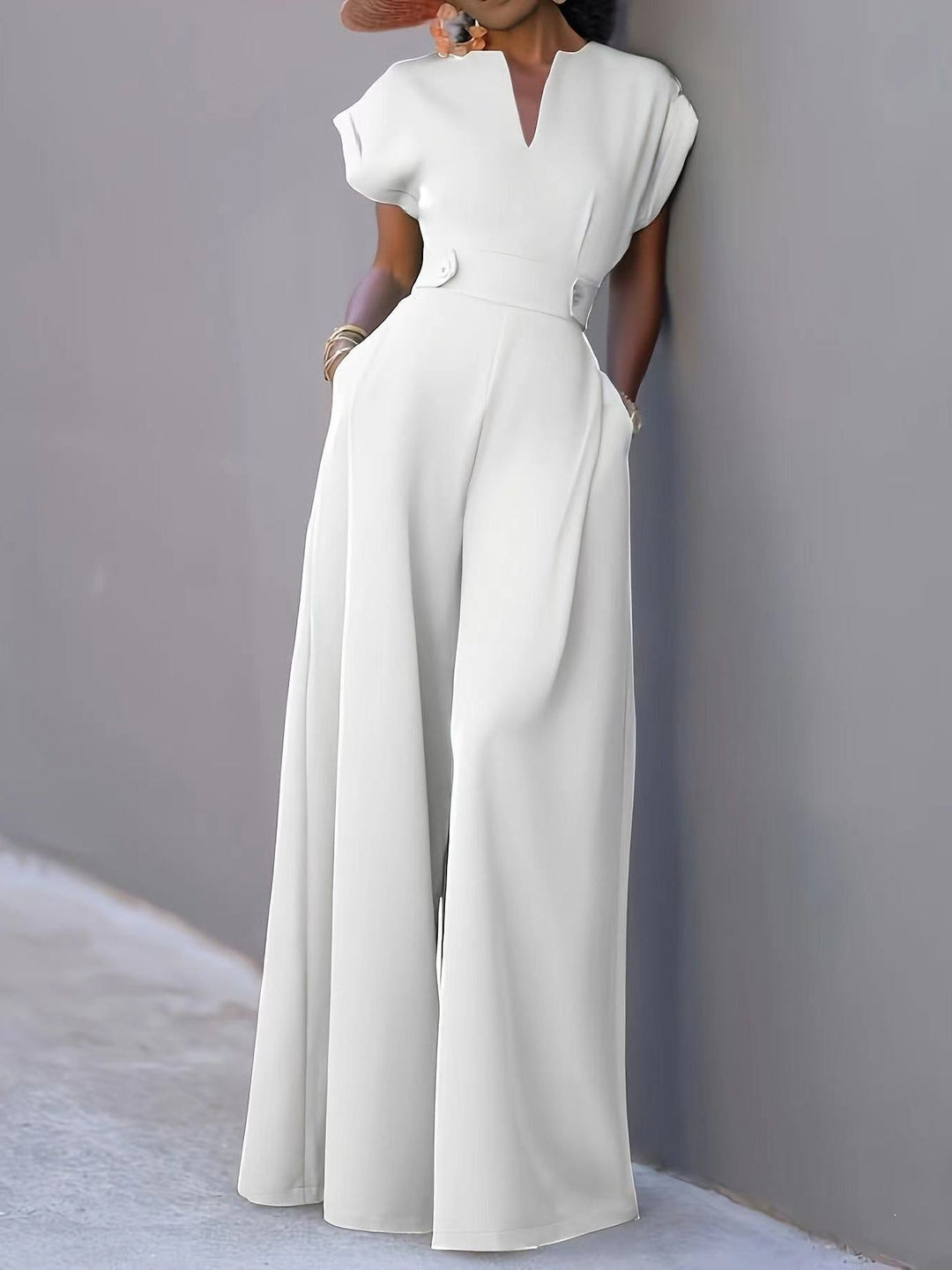 Marcela | Women's V-Neck Wide Leg Jumpsuit with Pockets - White - Image 8
