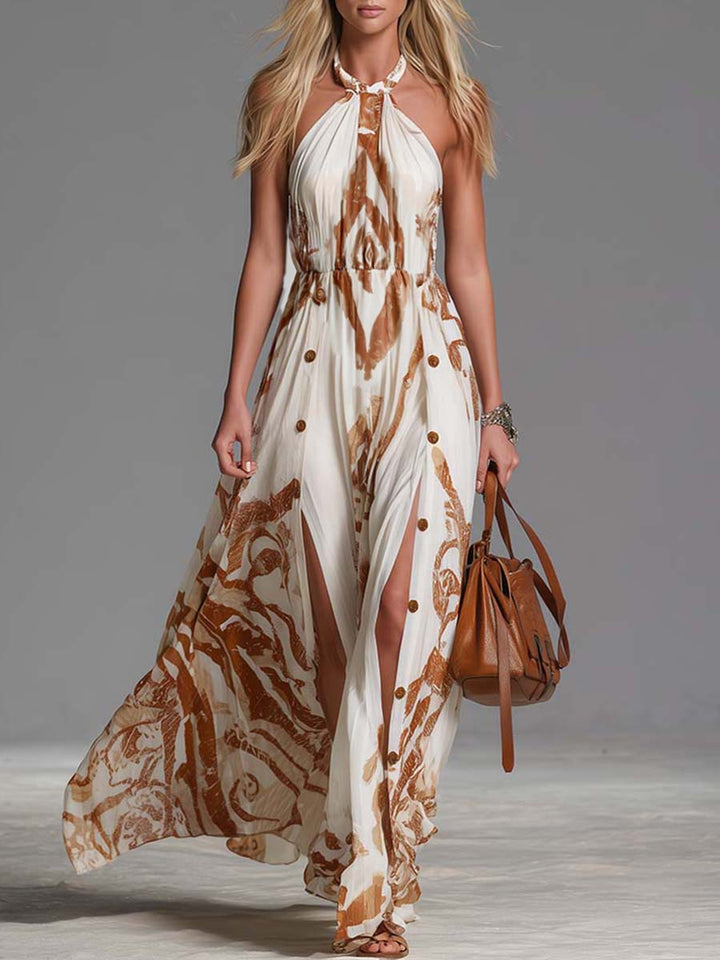 Marcella | Women's Halter Neck Print Maxi Dress - Brown - Image 1