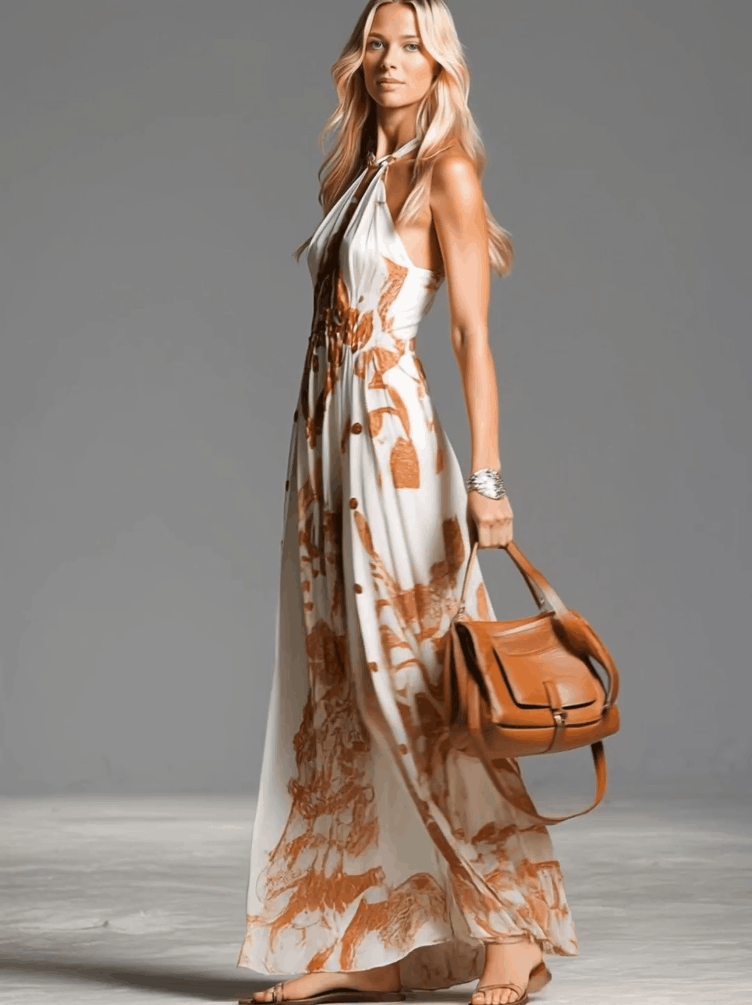 Marcella | Women's Halter Neck Print Maxi Dress - Brown - Image 3