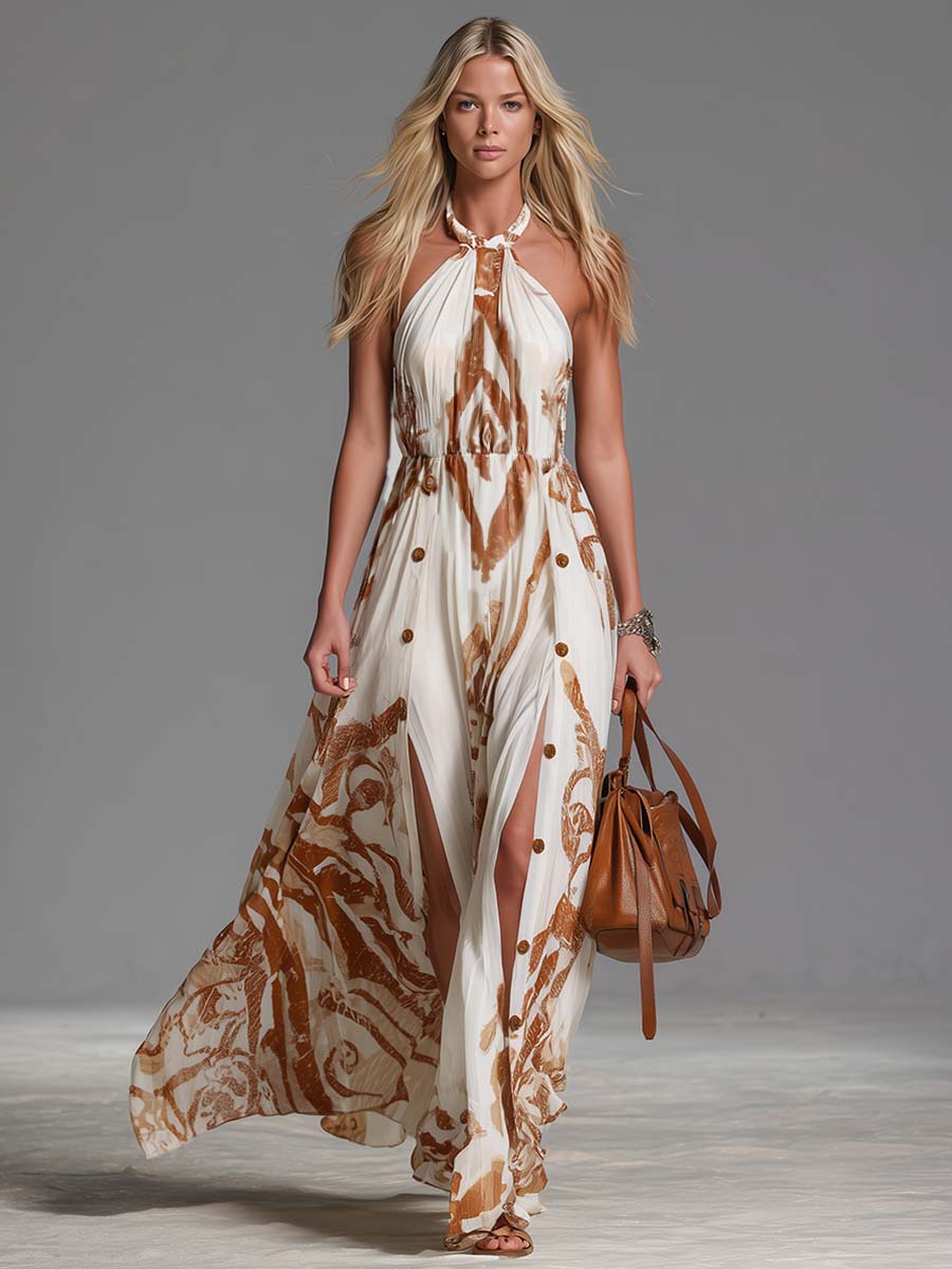 Marcella | Women's Halter Neck Print Maxi Dress - Brown - Image 4