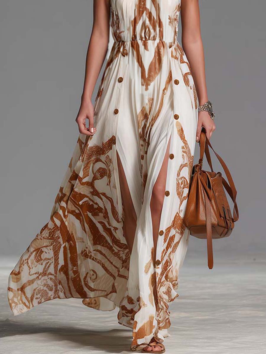 Marcella | Women's Halter Neck Print Maxi Dress - Brown - Image 6
