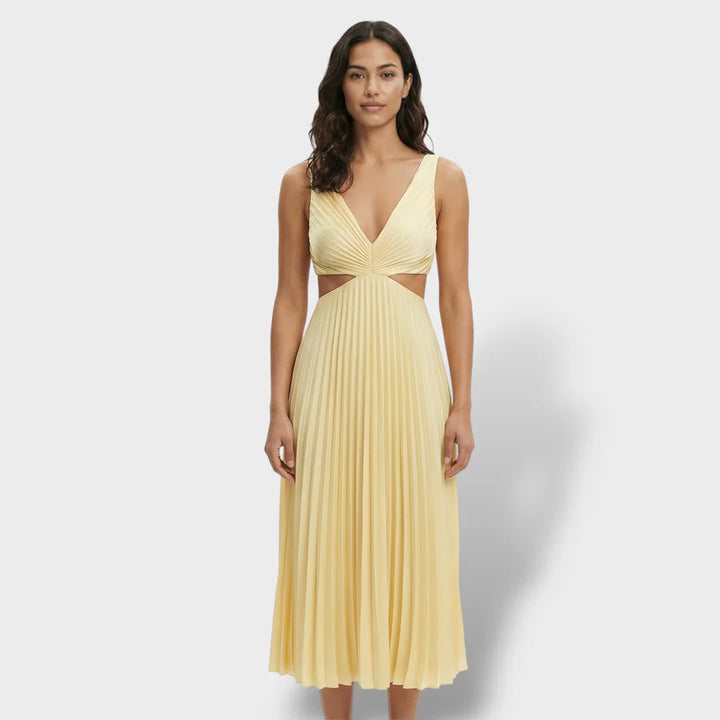 Maren | Women's Pleated V-Neck Cutout Summer Dress - Yellow - Image 1