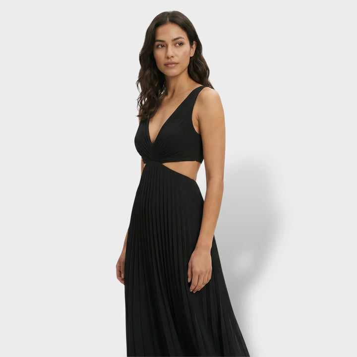 Maren | Women's Pleated V-Neck Cutout Summer Dress - Yellow - Image 10