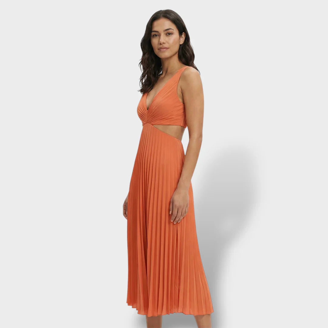 Maren | Women's Pleated V-Neck Cutout Summer Dress - Yellow - Image 11