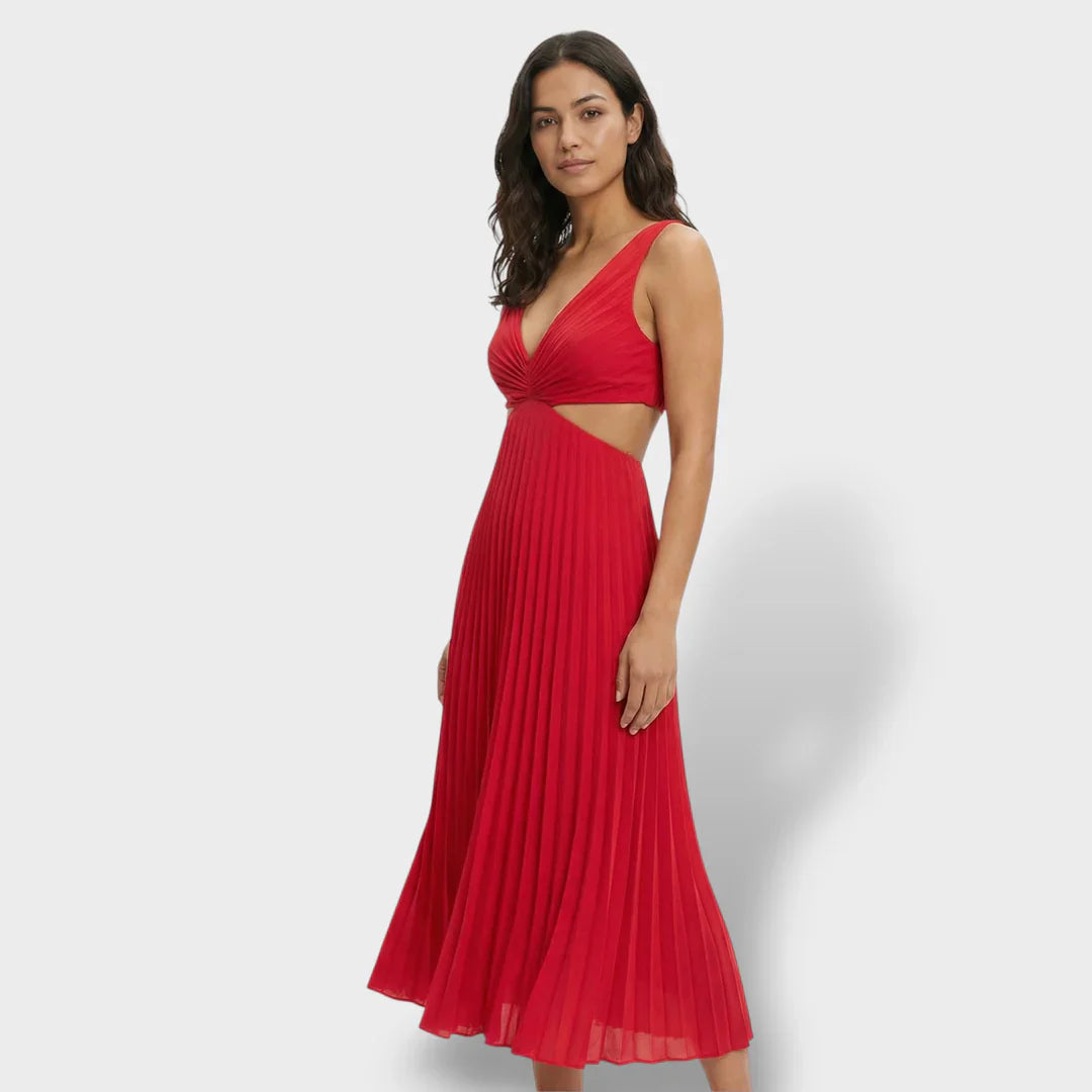 Maren | Women's Pleated V-Neck Cutout Summer Dress - Yellow - Image 12