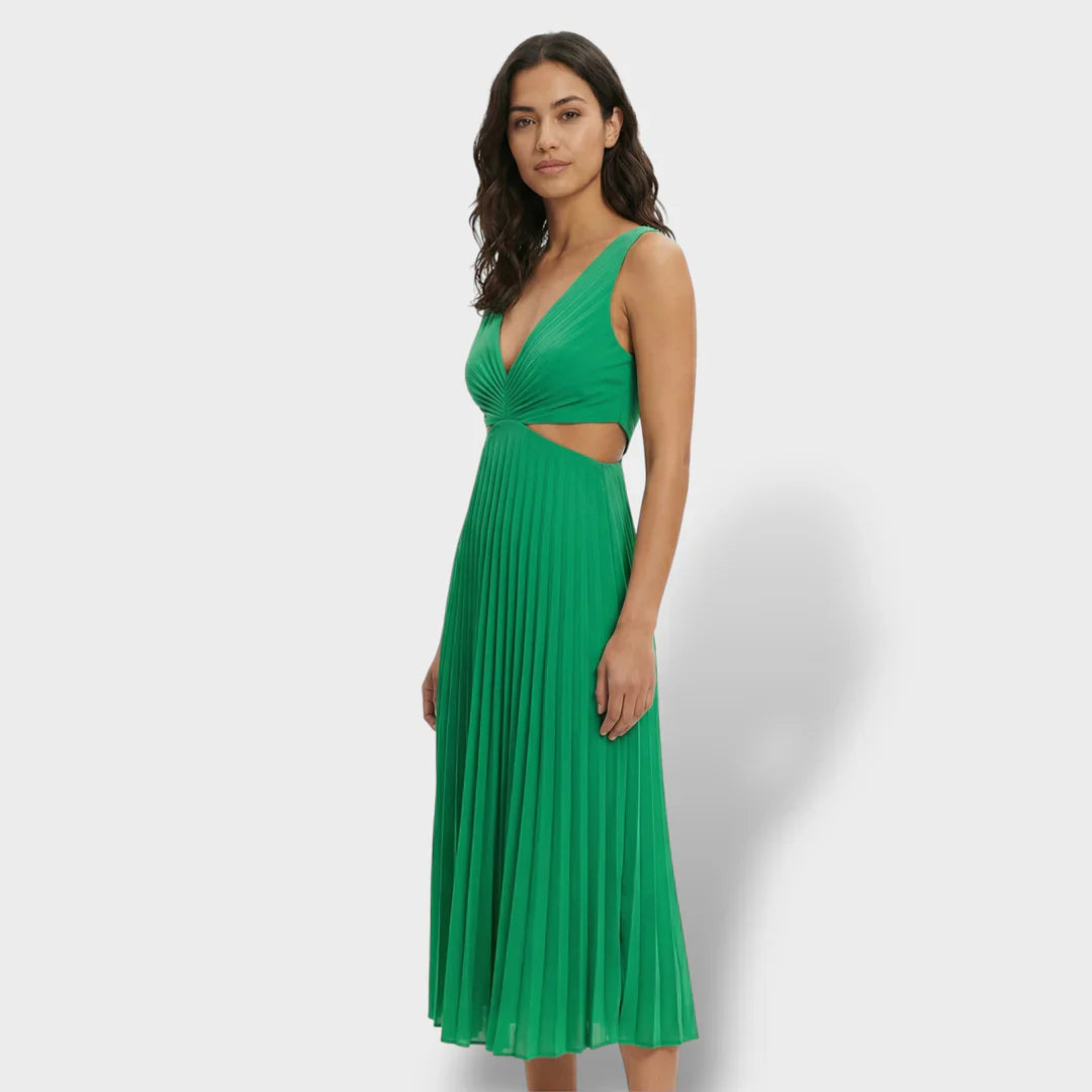 Maren | Women's Pleated V-Neck Cutout Summer Dress - Yellow - Image 13