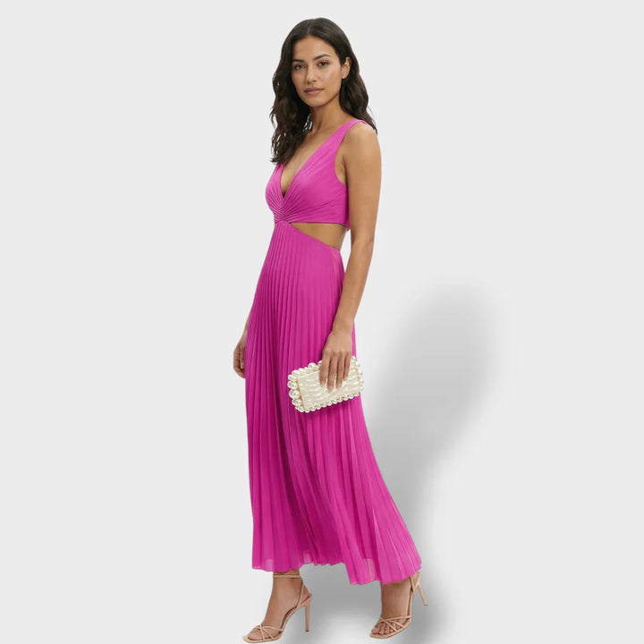 Maren | Women's Pleated V-Neck Cutout Summer Dress - Yellow - Image 14
