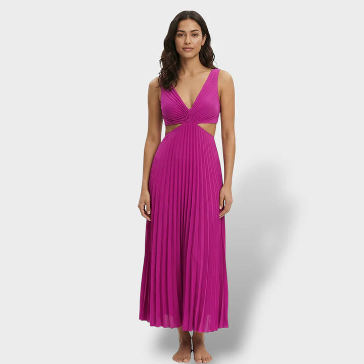 Maren | Women's Pleated V-Neck Cutout Summer Dress - Yellow - Image 3