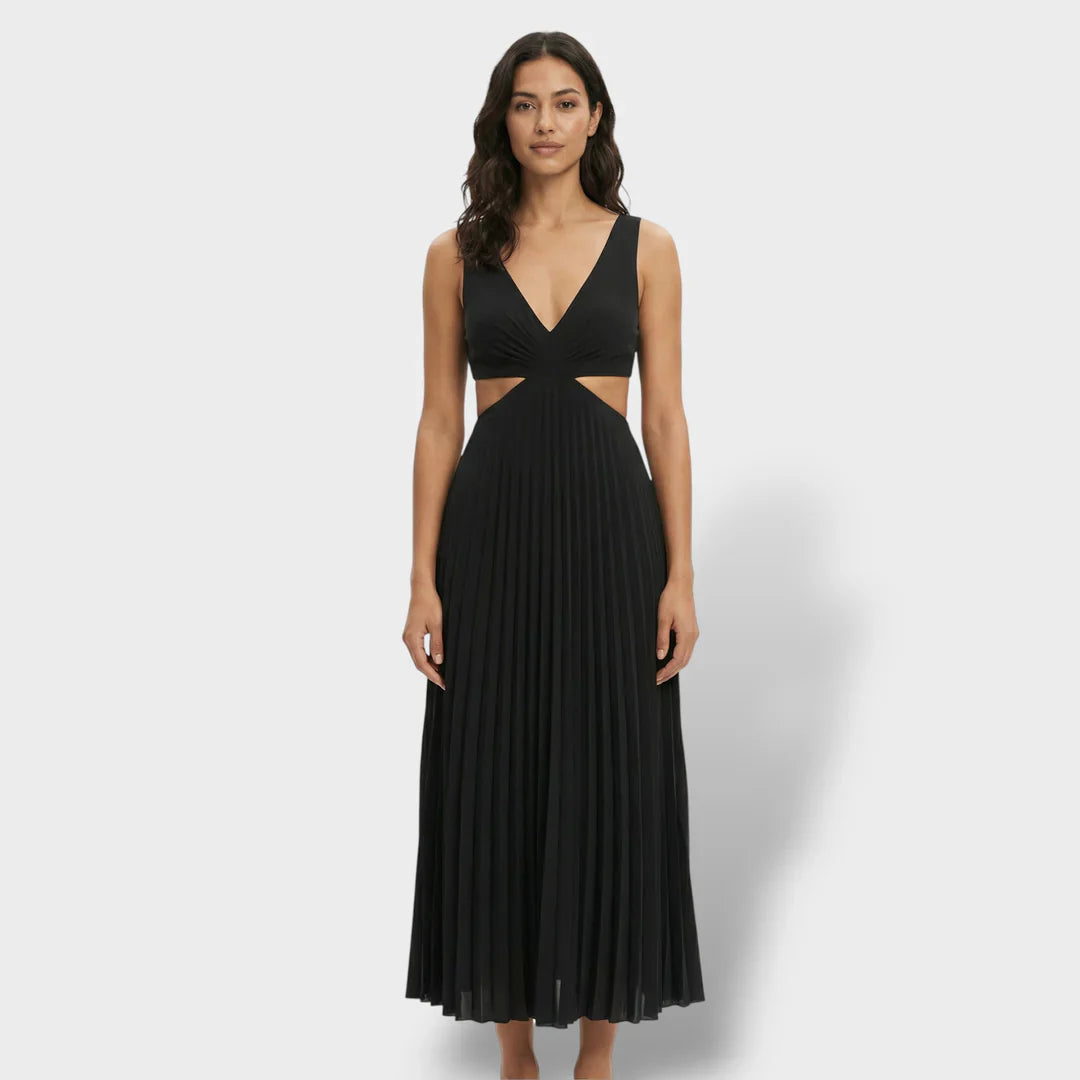 Maren | Women's Pleated V-Neck Cutout Summer Dress - Yellow - Image 4