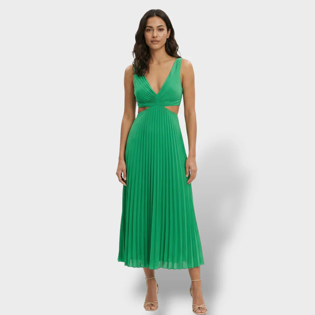 Maren | Women's Pleated V-Neck Cutout Summer Dress - Yellow - Image 5