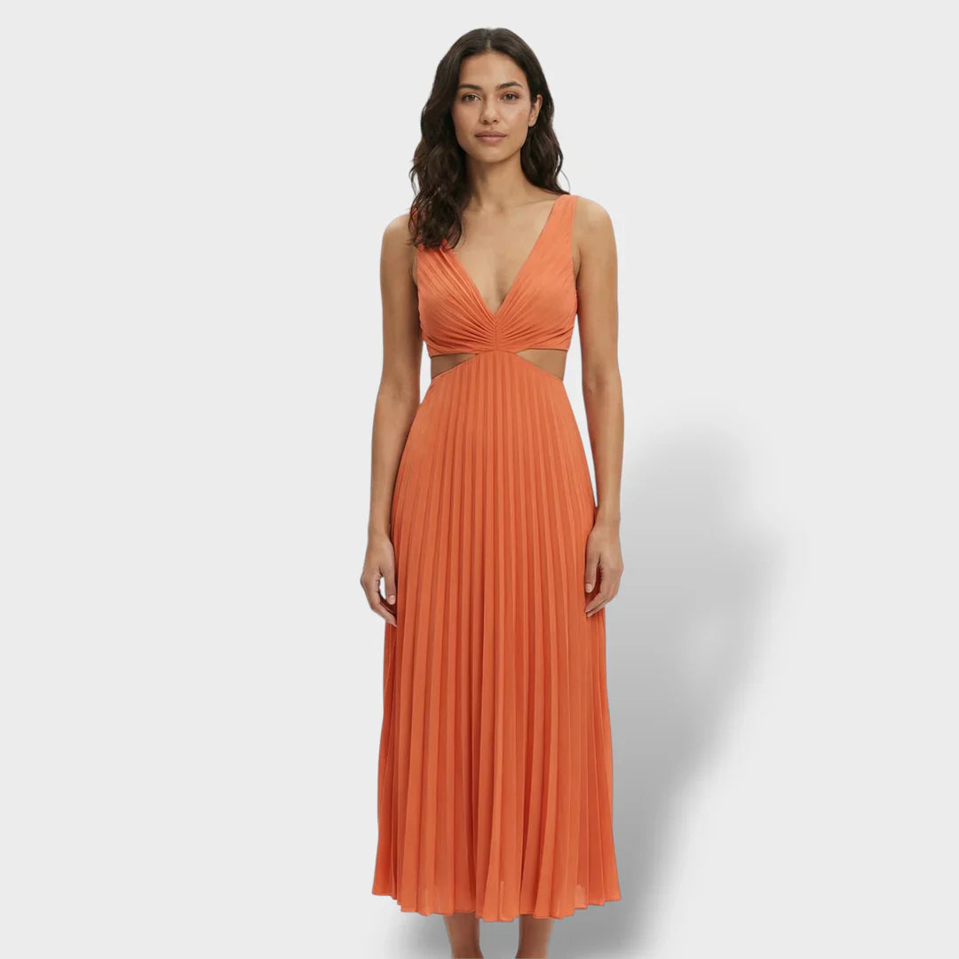 Maren | Women's Pleated V-Neck Cutout Summer Dress - Yellow - Image 6
