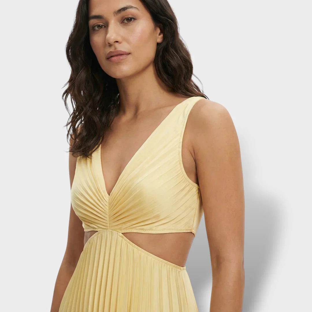 Maren | Women's Pleated V-Neck Cutout Summer Dress - Yellow - Image 7