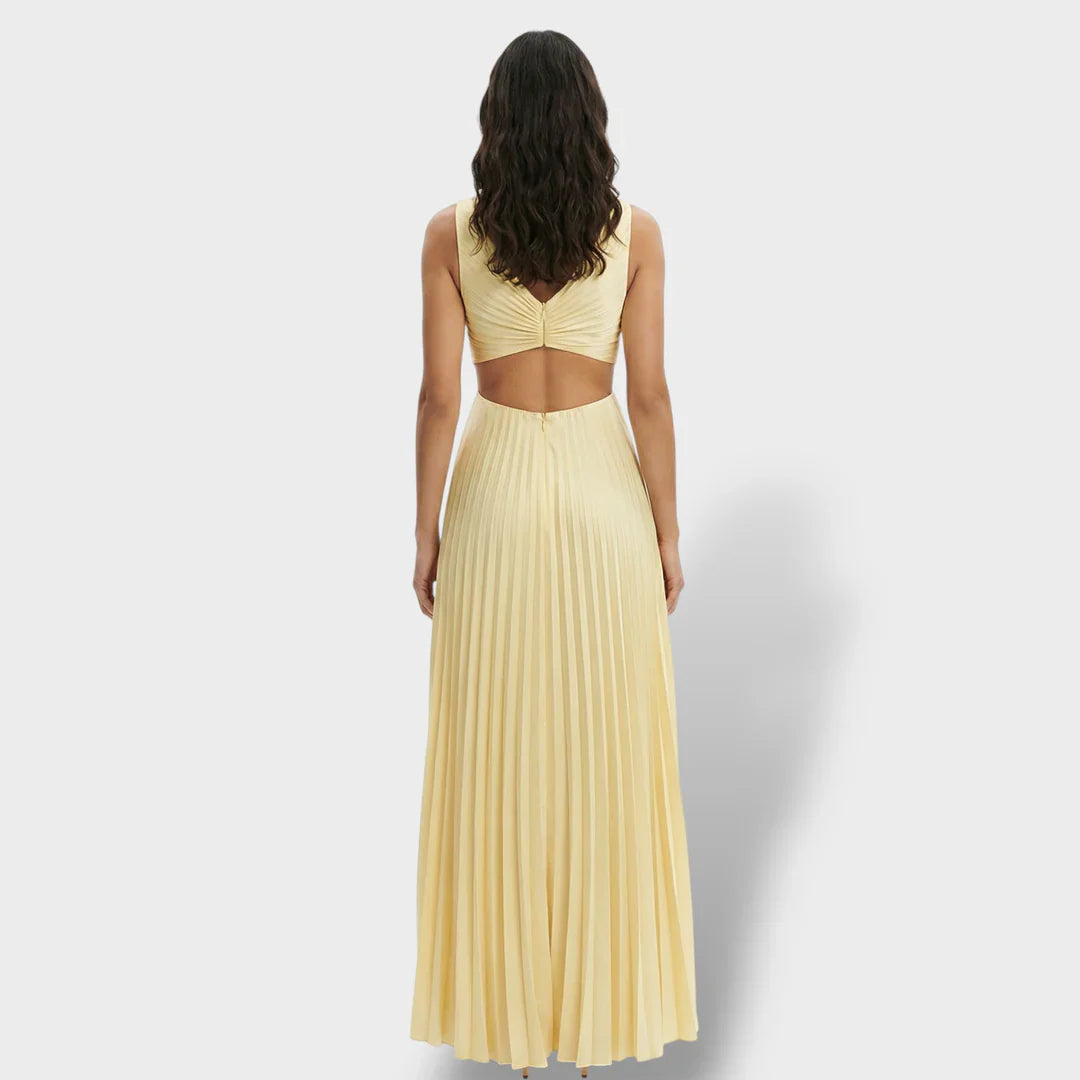 Maren | Women's Pleated V-Neck Cutout Summer Dress - Yellow - Image 8