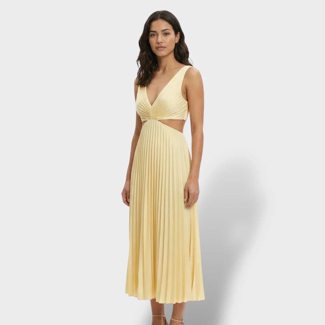 Maren | Women's Pleated V-Neck Cutout Summer Dress - Yellow - Image 9