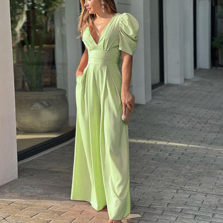 Marigold | Women's V-Neck Puff Sleeve Wide Leg Jumpsuit - Green - Image 1