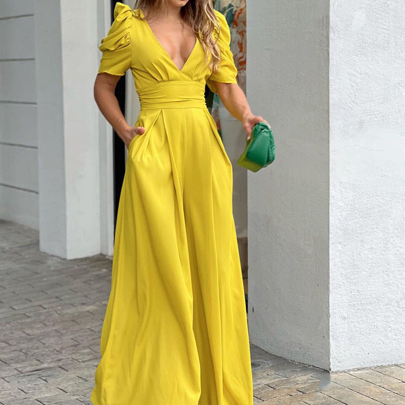 Marigold | Women's V-Neck Puff Sleeve Wide Leg Jumpsuit - Green - Image 3