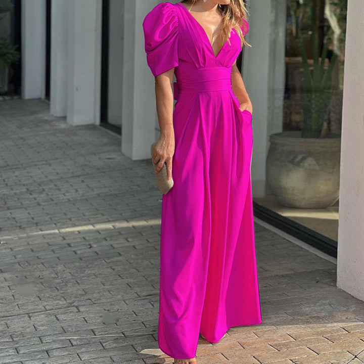 Marigold | Women's V-Neck Puff Sleeve Wide Leg Jumpsuit - Green - Image 5