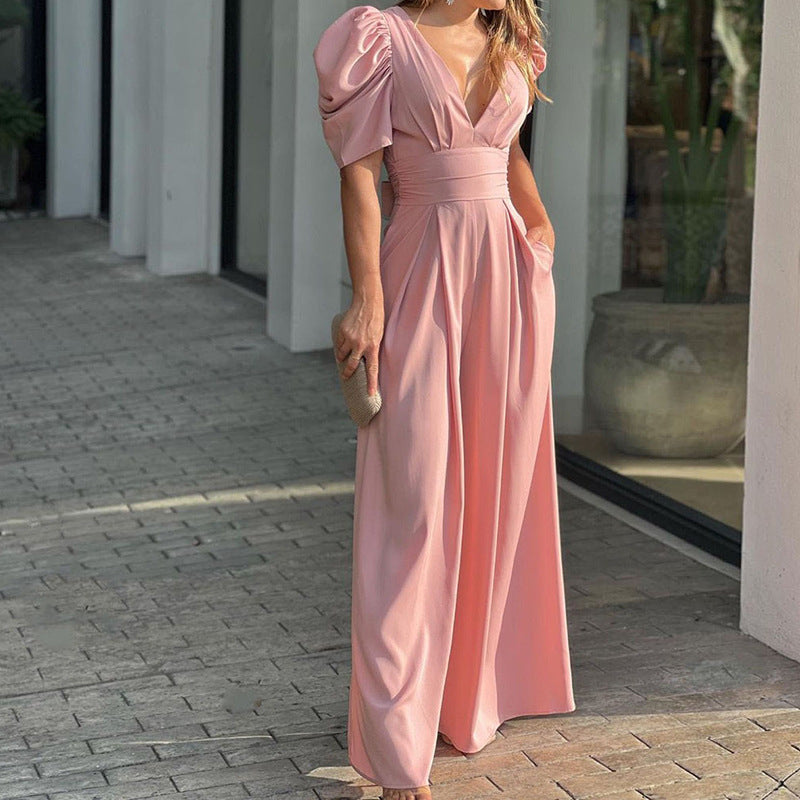 Marigold | Women's V-Neck Puff Sleeve Wide Leg Jumpsuit - Green - Image 6
