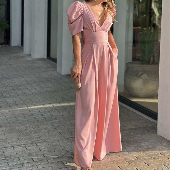 Marigold | Women's V-Neck Puff Sleeve Wide Leg Jumpsuit - Green - Image 6