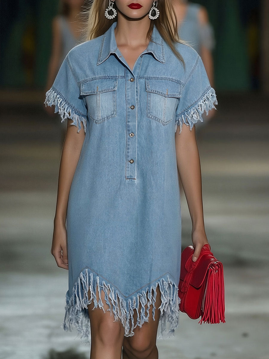 Marisol | Women's Collared Fringe Mini Dress - Light Blue - Image 1