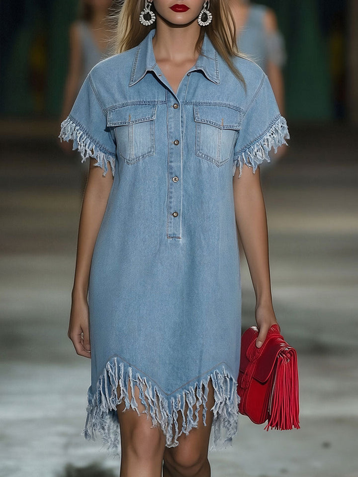 Marisol | Women's Collared Fringe Mini Dress - Light Blue - Image 1