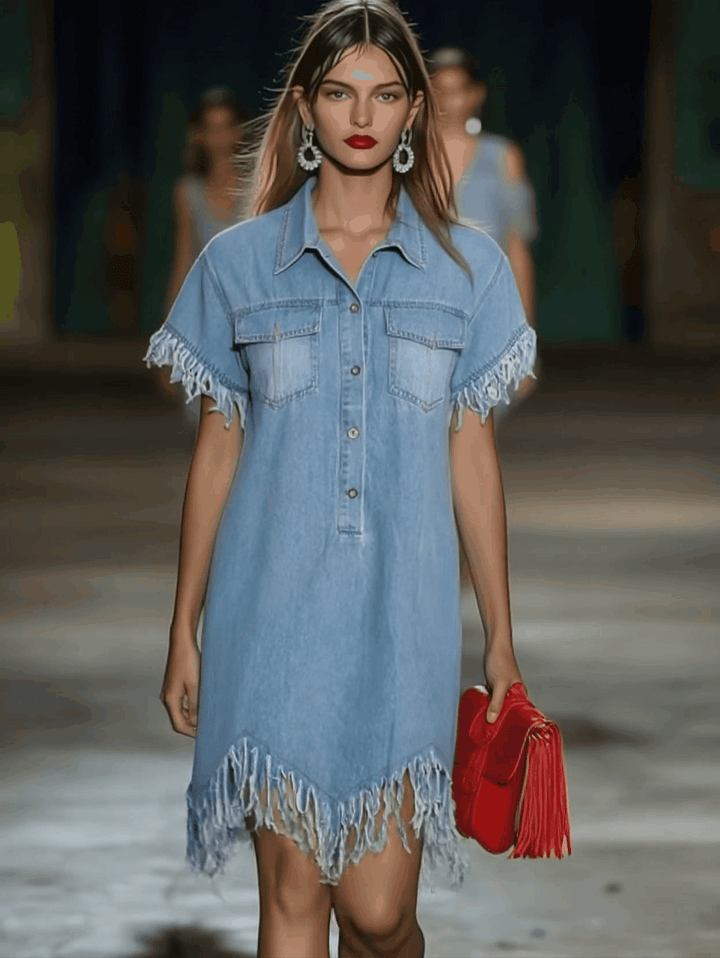 Marisol | Women's Collared Fringe Mini Dress - Light Blue - Image 2