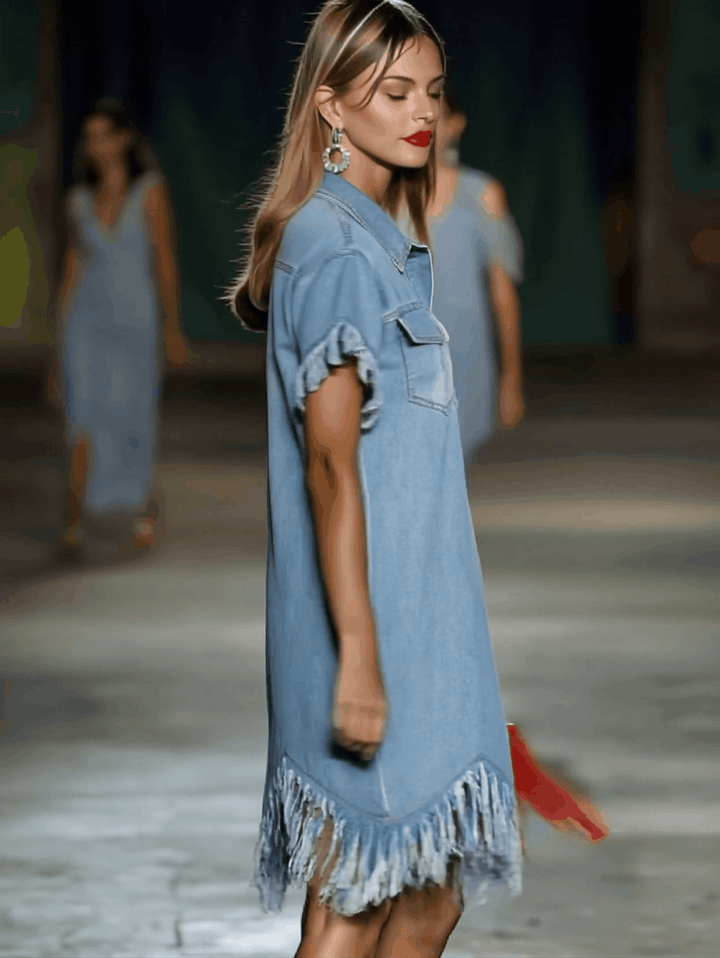 Marisol | Women's Collared Fringe Mini Dress - Light Blue - Image 3