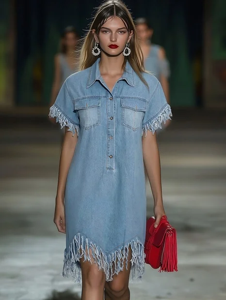 Marisol | Women's Collared Fringe Mini Dress - Light Blue - Image 4