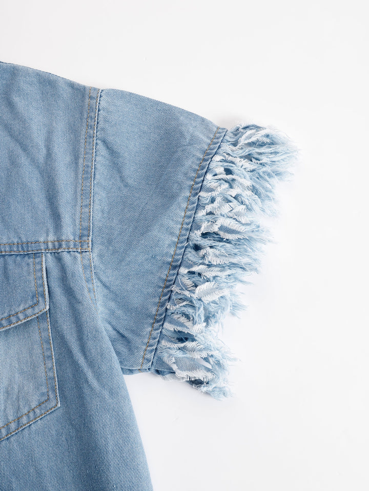 Marisol | Women's Collared Fringe Mini Dress - Light Blue - Image 7