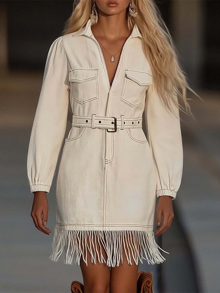Marissa | Women's Fringe Mini Dress - Beige - Image 1