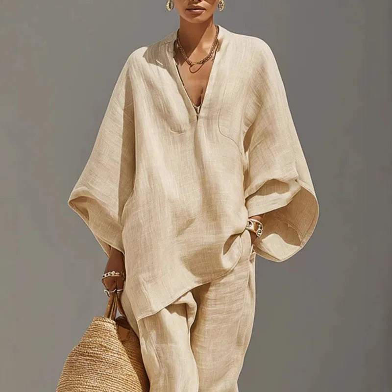 Marlowe | Women's Batwing Sleeve Two Piece Set - Beige - Image 1