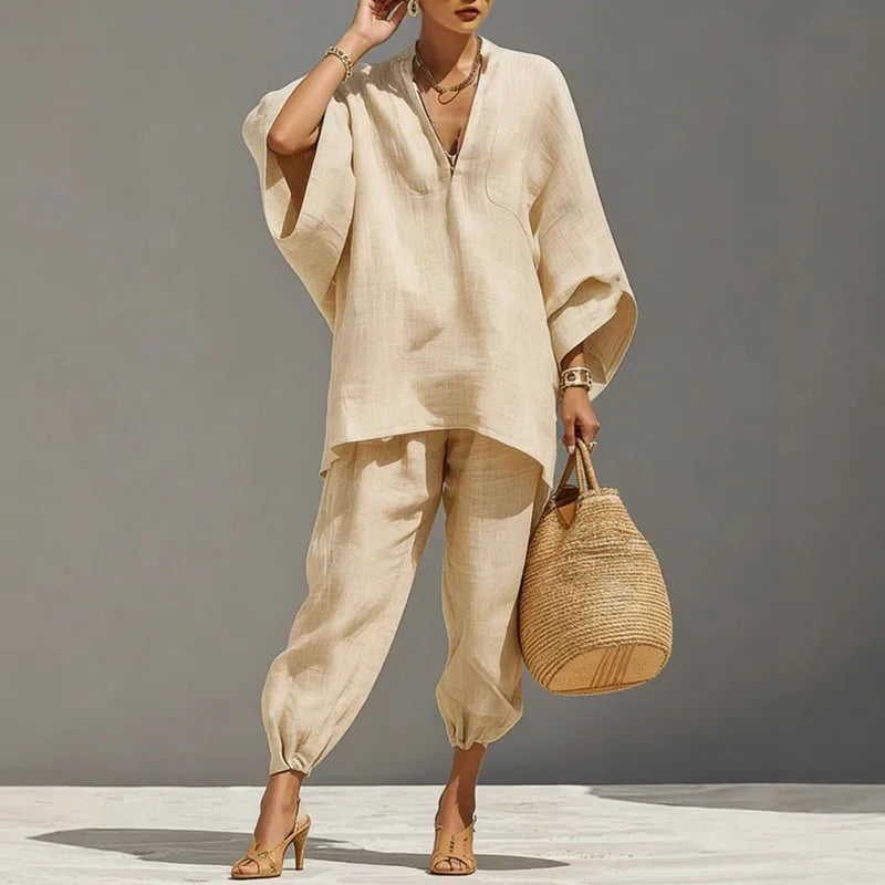 Marlowe | Women's Batwing Sleeve Two Piece Set - Beige - Image 3