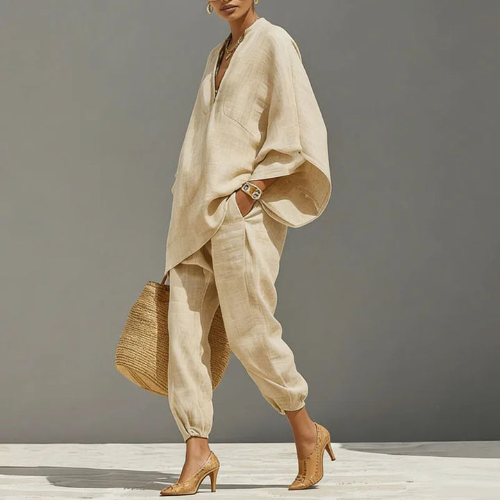 Marlowe | Women's Batwing Sleeve Two Piece Set - Beige - Image 4