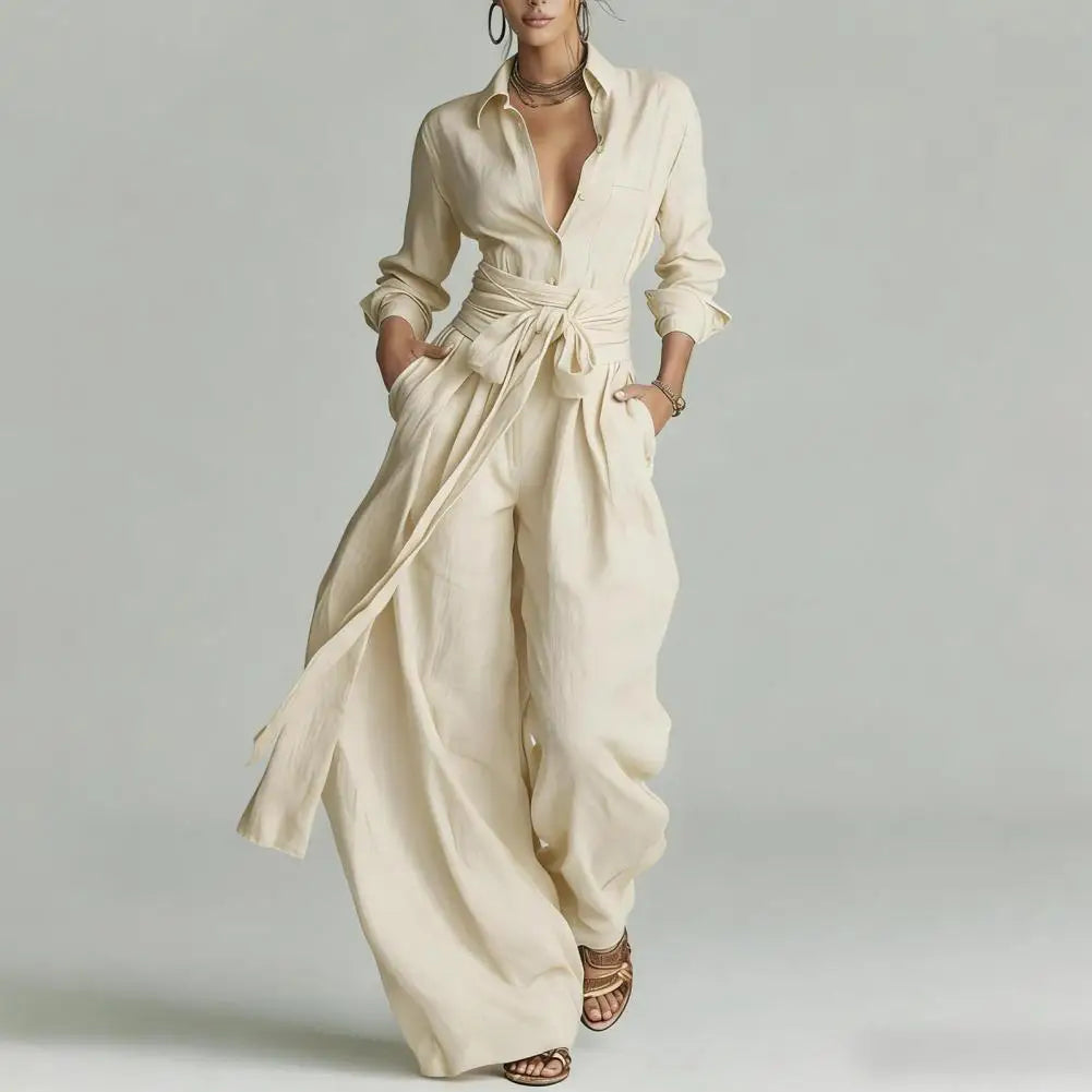 Milena | Women's Wide Leg Pants Set - Beige - Image 1