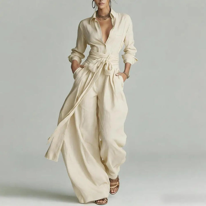Milena | Women's Wide Leg Pants Set - Beige - Image 1