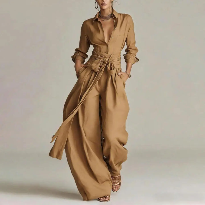Milena | Women's Wide Leg Pants Set - Beige - Image 2