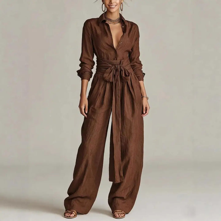 Milena | Women's Wide Leg Pants Set - Beige - Image 3