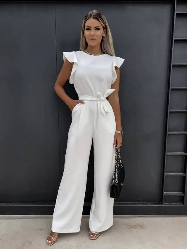 Miriam | Women's Flutter Sleeve Wide Leg Jumpsuit - Beige - Image 5