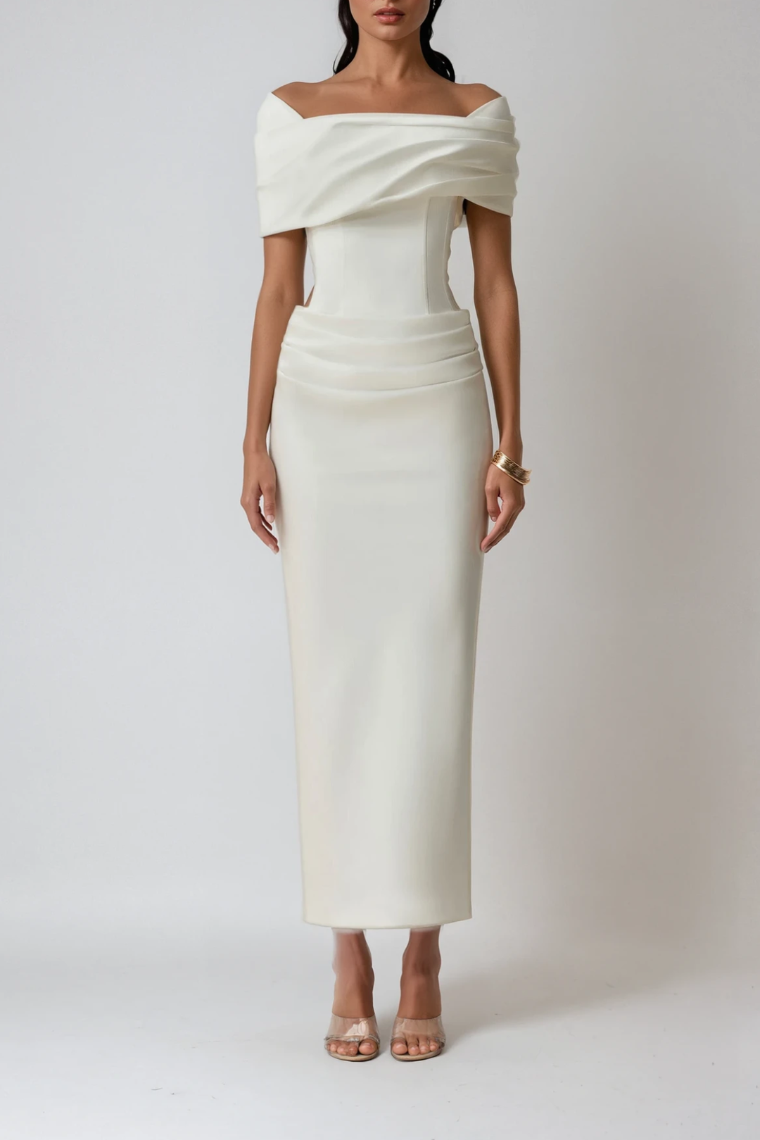 Nadette | Women's Off-Shoulder Ruched Maxi Dress - Cream - Image 2