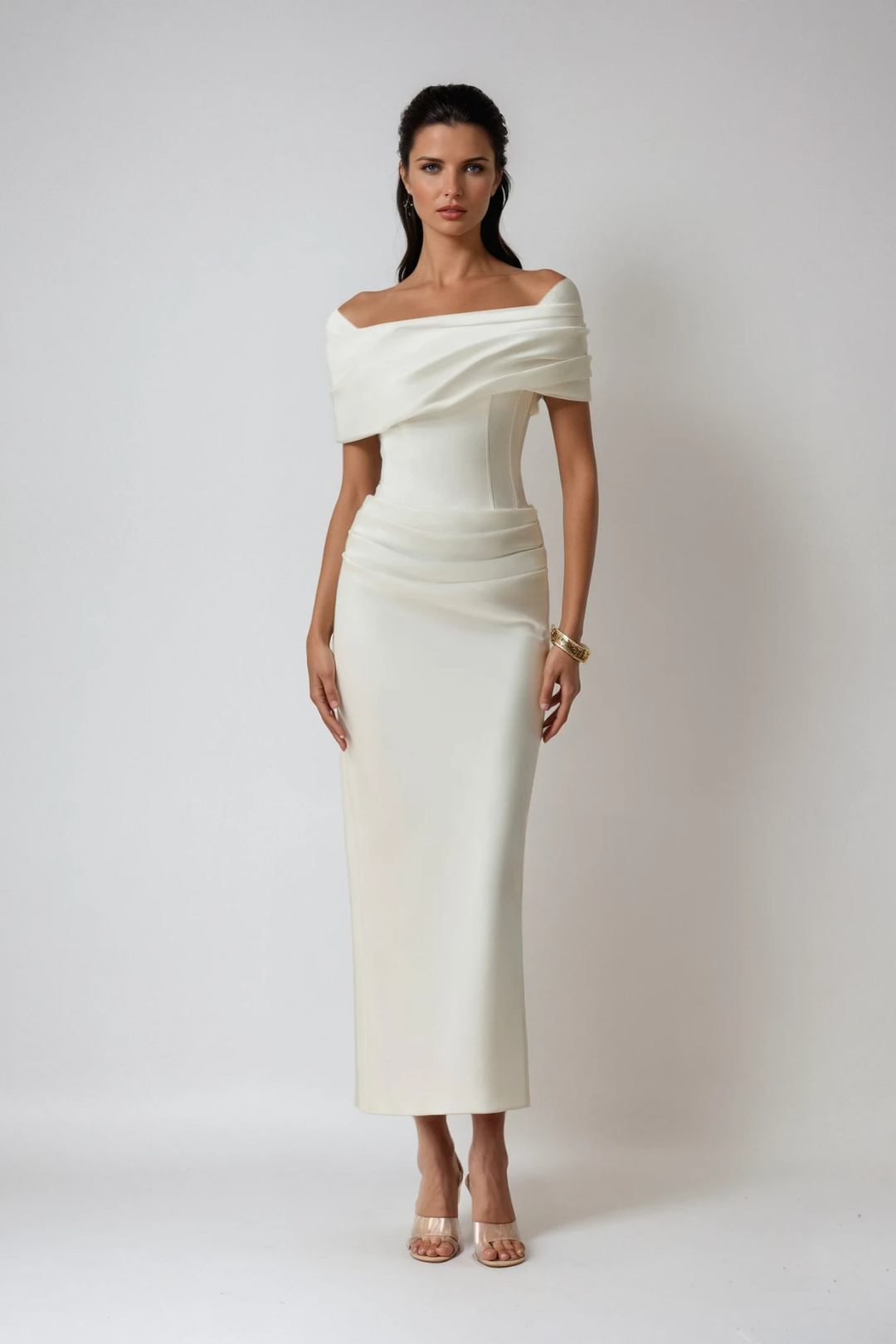 Nadette | Women's Off-Shoulder Ruched Maxi Dress - Cream - Image 3